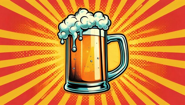 beer mug foam pop art alcohol drink beverage lager ale glass bar pub rays background retro vintage