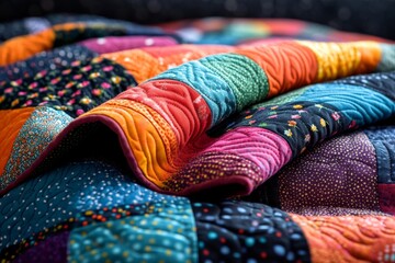 Fototapeta premium Colorful patchwork quilt showcasing intricate stitching and vibrant patterns in a cozy interior