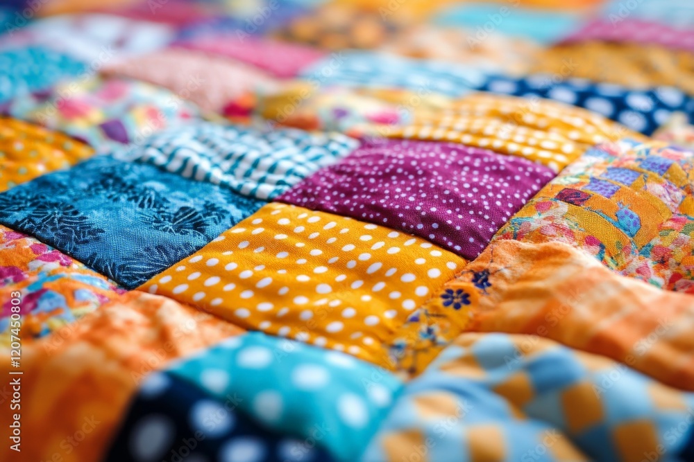 Poster colorful patchwork quilt showcasing vibrant patterns and textures in a cozy setting
