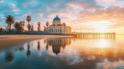 Sunrise pier pavilion beach reflection travel postcard