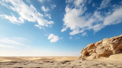 Vast Desert Landscape Under Bright Blue Sky with Thin White Clouds and Rocky Outcrop in the Foreground Illuminating Natural Beauty of Arid Environment