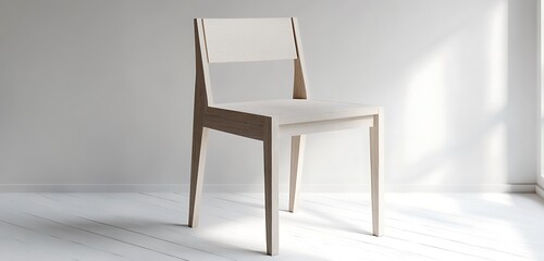 Chic wooden chair with angular design and light ash finish, white minimalist setting