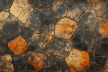 Unique textured surface with black, brown, and orange patterns resembling cracked earth in an...