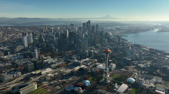 Bird eye view of Seattle cityscape skyline with Elliot Bay and Mt Rainer