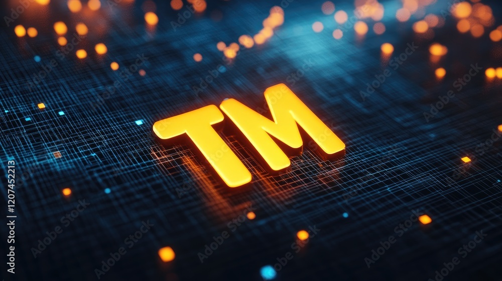 Poster a d render of a tm symbol floating in a futuristic digital space.