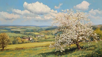 Peaceful Spring Landscape with Blossoming Tree and Rolling Green Hills