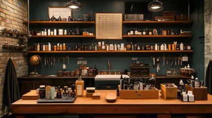 A barbershop setup with neatly arranged grooming tools and products.