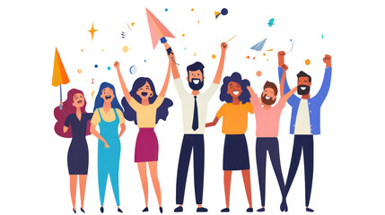 A diverse group of people celebrating with cheers and colorful confetti, expressing joy and togetherness. Perfect for events and celebrations.