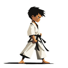 A young boy in a karate gi, with a black belt, is shown in a focused stance, illustrating determination and discipline in martial arts.
