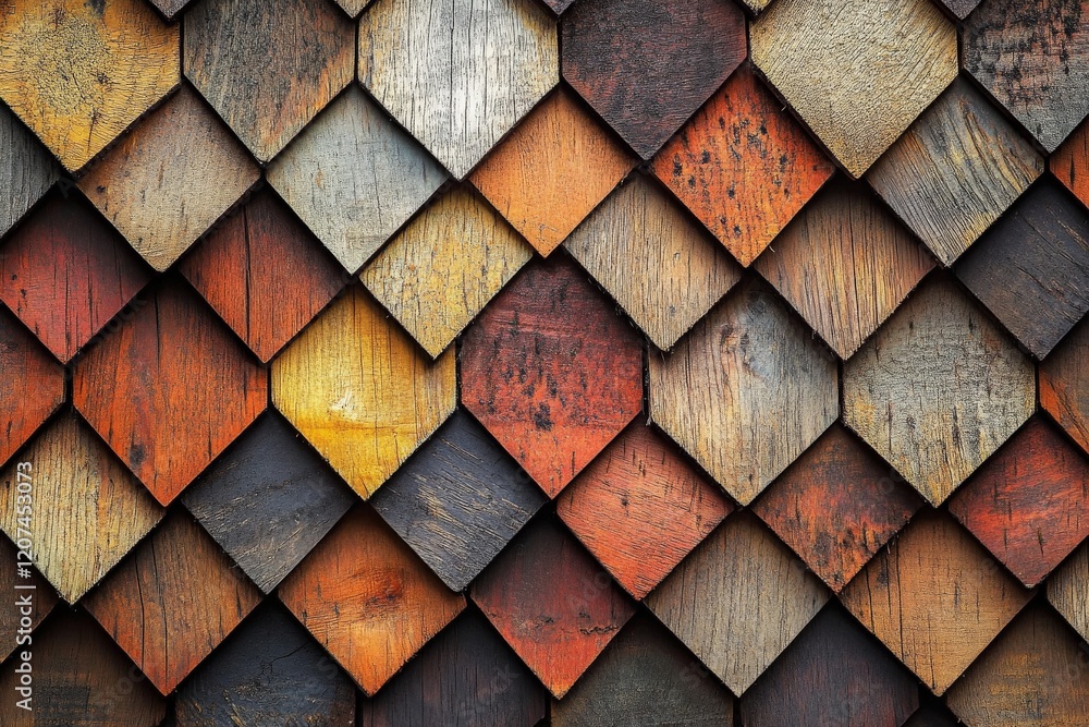 Poster colorful hexagonal wood tiles create a stunning pattern for home decor or artistic design in a rusti