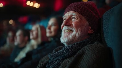Obraz premium An old man delights in a comedy show in a full theater, with cheerful spectators all around.