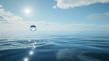 Abstract floating sea ocean water droplet suspended midair, calm landscape