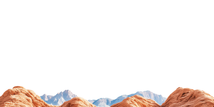 PNG cut out isolated background. A captivating desert scene featuring unique rock formations in the foreground with a distant mountain range under a clean white sky.