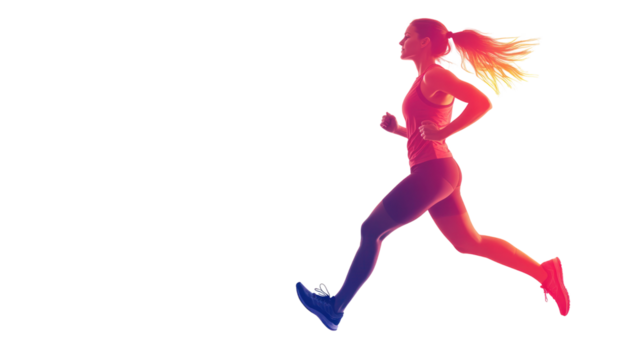 A dynamic female runner depicted in vibrant colors, showcasing energy and movement against a white isolated background.