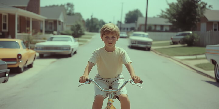 Fototapeta Riding a bicycle or bike in early days home town. 