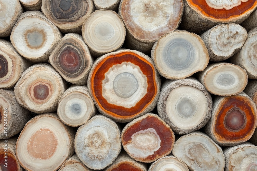 Aufkleber Artistic display of cut wood logs showcasing unique patterns and colors in natural setting