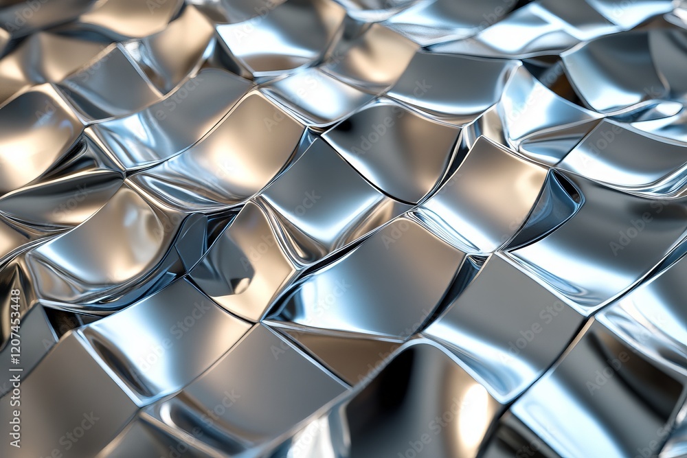 Poster metallic surface exhibiting intricate wave patterns glistening under soft lighting