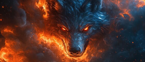 Fiery wolf with glowing red eyes surrounded by flames and smoke.