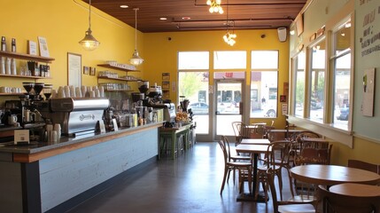Fototapeta premium A brightly lit coffee shop with neatly placed chairs, tables, and coffee equipment.