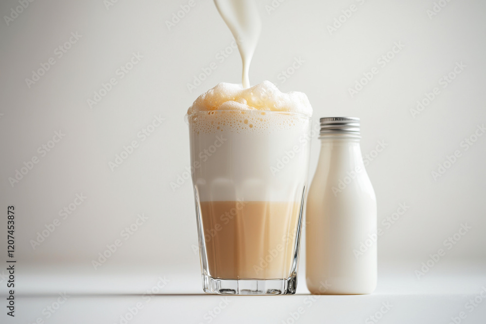Poster fresh milk pours into a clear glass creating a creamy texture and frothy layer