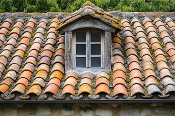 Detailed view of a rustic tiled roof with a charming window framed by greenery in a serene setting