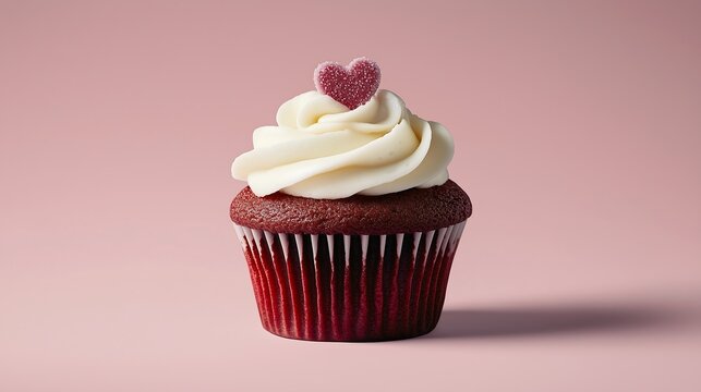 A single red velvet cupcake with a swirl of white frosting, topped with a tiny sugar heart, set on a plain pastel pink background, valentines day love dessert