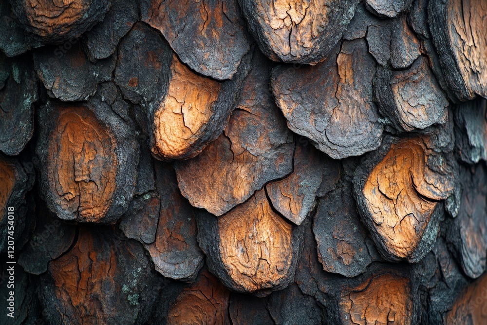 Fototapete Close-up view of textured tree bark highlighting intricate patterns and colors in a forest setting