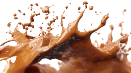 A dynamic splash of rich chocolate, captured mid-action showcasing its glossy texture against a white isolated background.