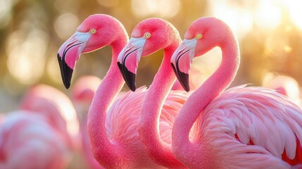 Naklejka premium Three Pink Flamingos at Golden Hour