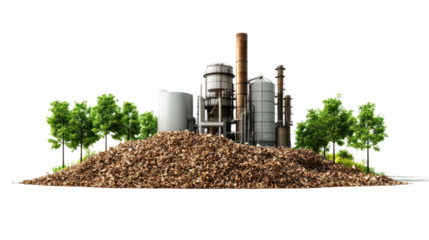 A factory surrounded by trees and a mound of organic material, showcasing the process of composting and sustainability in modern industry.