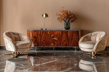 Elegant and modern living room with stylish velvet armchairs and wooden console table with flowers