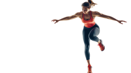 A female athlete in motion, demonstrating agility and strength while leaping forward. Energetic pose highlighting athleticism and determination.
