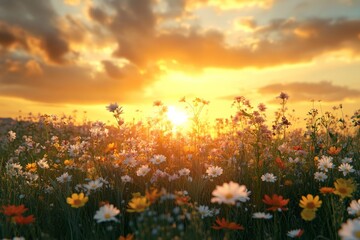 Naklejka premium Vibrant wildflower field at sunset with a colorful sky and warm sunlight illuminating the blossoms