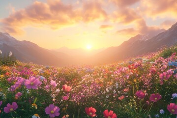 Colorful wildflower meadow at sunrise with mountains and vibrant sky in the background