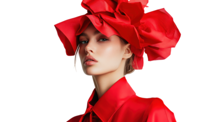 A fashionable woman wearing an oversized red hat and a matching red outfit, posing confidently against a white background.