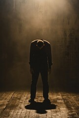 Obraz premium A figure standing in the middle of a dark, empty room, hands clenched, head lowered, conveying feelings of anger and frustration through body language.