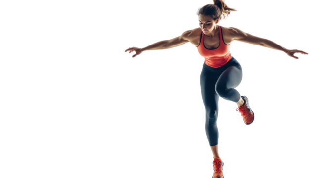 A female athlete in motion, demonstrating agility and strength while leaping forward. Energetic pose highlighting athleticism and determination.