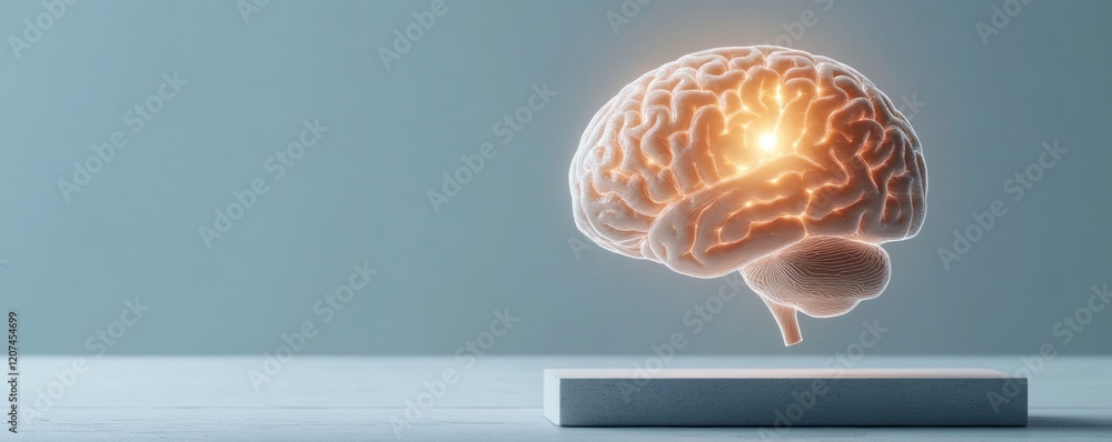 Poster default mode network concept, floating brain with glowing effects on a simple pedestal.