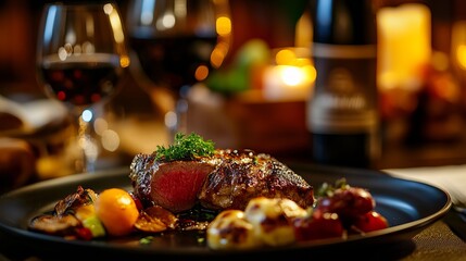 A fancy, pricey meal; a gourmet dinner on a dark plate, prepared by a skilled chef.