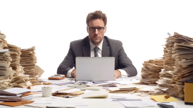 A focused businessman working on a laptop amid stacks of paperwork, representing stress and time management in a busy office environment.