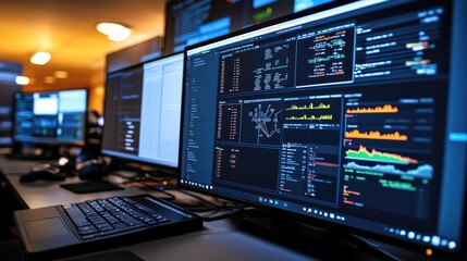 A clean desktop setup with a laptop displaying a network diagnostics dashboard.