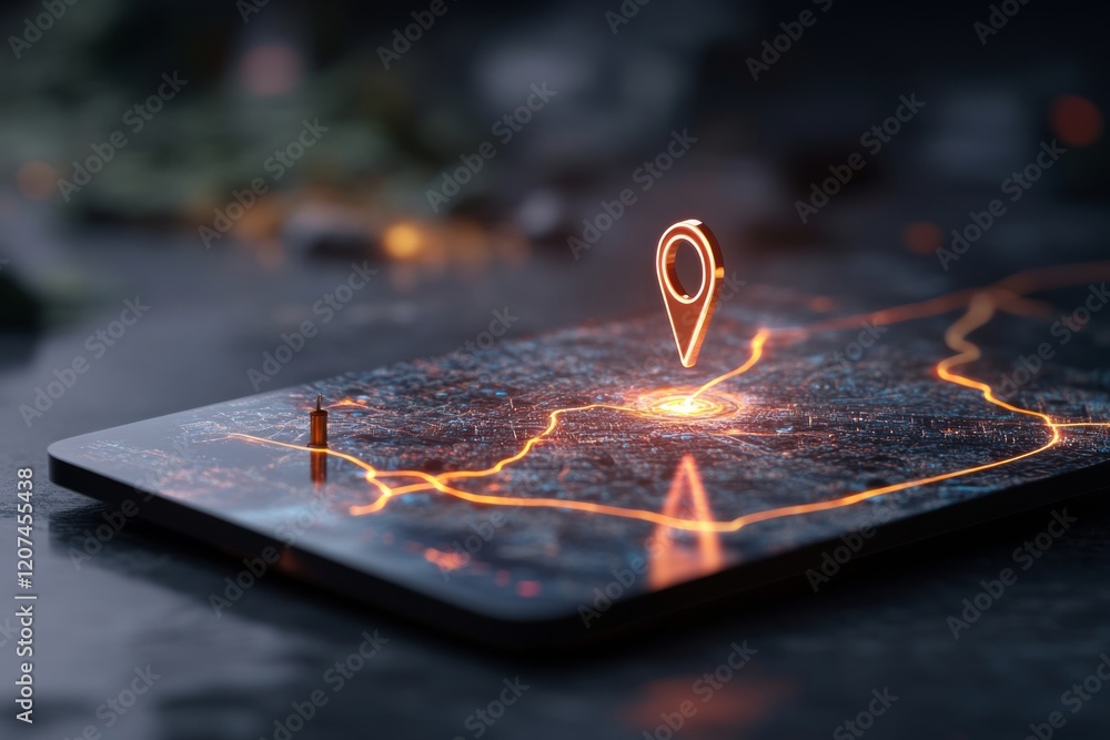 Poster futuristic smartphone displaying a glowing location pin on a map.