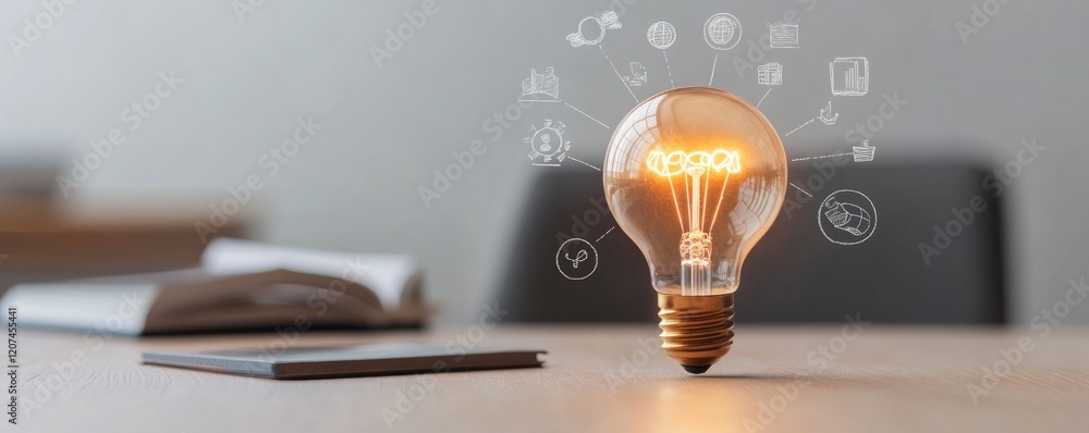 Poster goals with strategy and impact concept, light bulb glowing on a desk with a notebook in the backgrou