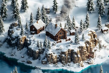 3D isometric island in a snowy winter theme featuring icebergs, trees, and a serene landscape