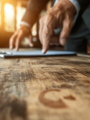 A close-up of a hand interacting with a tablet on a wooden surface, illuminated by warm light, suggesting a professional or business context.