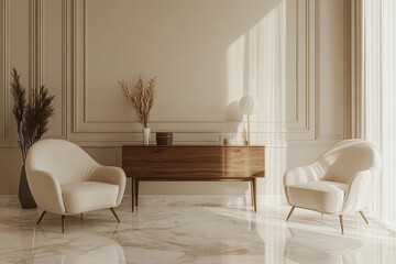 Modern luxury interior with beige velvet chairs and a wooden console table with decor