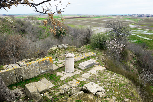 Remains of the Greek and Roman Temple of Athena in the Northeast Bastion sector of the ancient ruins of Troy. Anatolia, Turkey