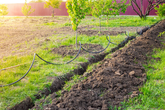 Carrying out drip irrigation in the garden. A ditch dug in the ground for laying the irrigation pipe