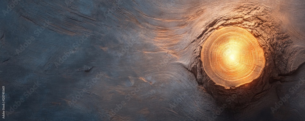 Poster glowing orb embedded in a textured, dark surface.