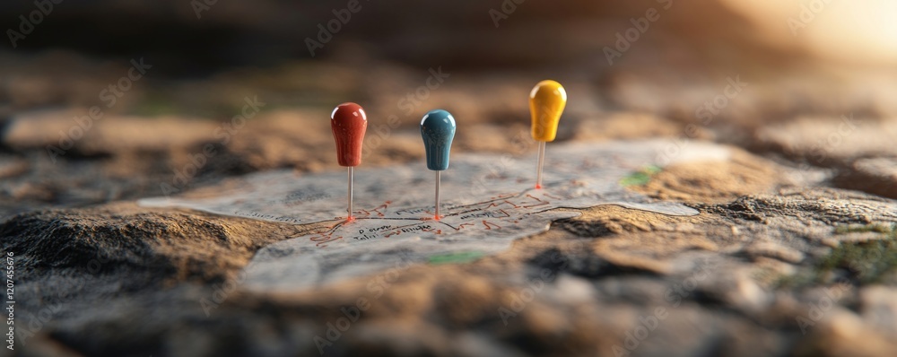 Poster colorful pins on a map, symbolizing navigation and location marking.